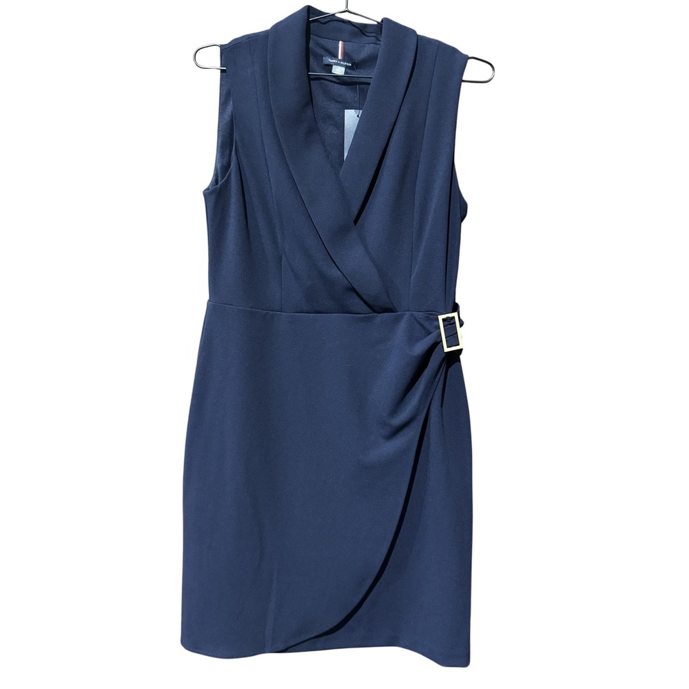 Tommy Hilfiger Dress Womens 10 Navy Blue Sleeveless Sheath Wrap Buckle Career